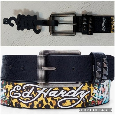 Ed Hardy Men Size 36 Leopard Skull Print Black Belt With Pyramid