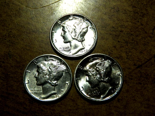 Brilliant Uncirculated 1940PDS Mercury Silver Dime 3 Coin Year Set DF3