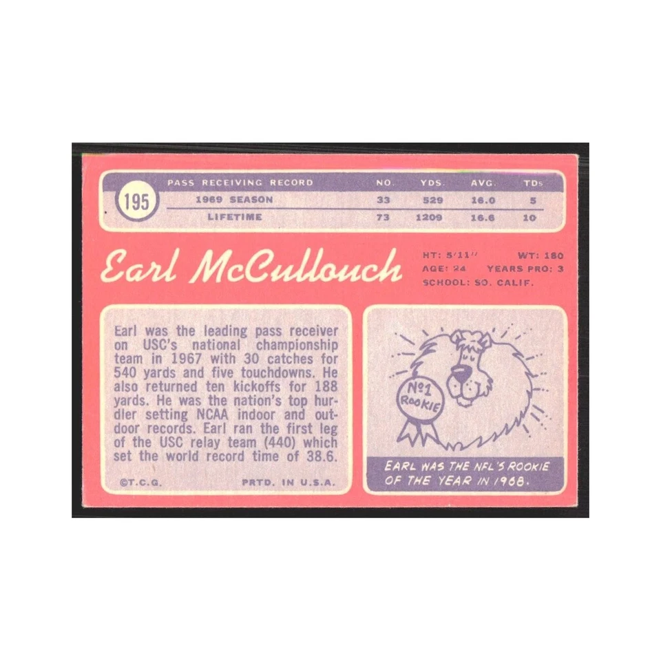 1970 Topps Earl McCullouch Lions #195 - Image 2 of 3