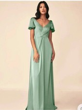 Azazie Soren Agave Green Maxi Dress Satin Stretch
