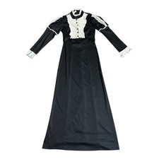 Vintage 70s Black Ruffle Collar Edwardian Gothic Witchy Satin Maxi Dress Size S