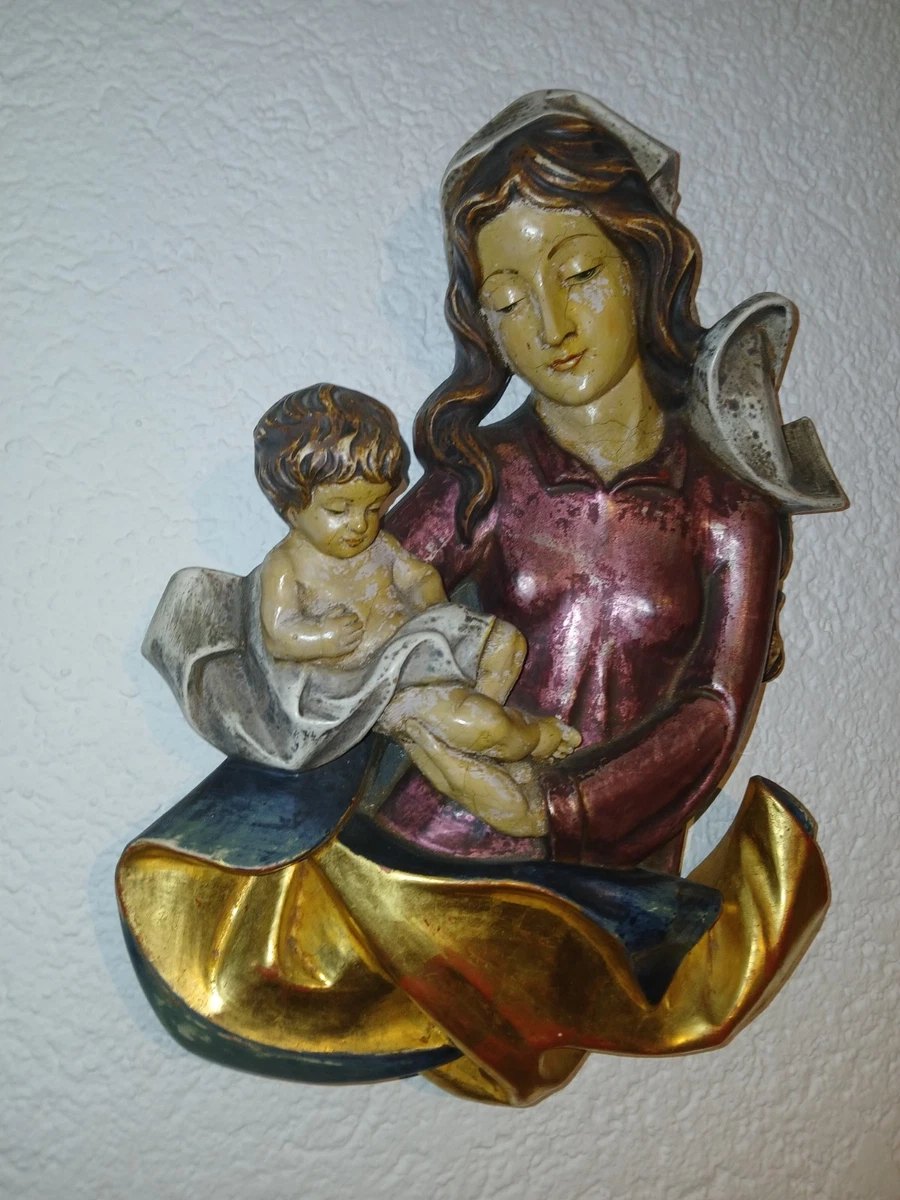 Madonna mit Kind Wandfigur Skulptur mehrfarbig Gold Rot Blau Beige Braun