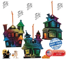 Magic Halloween Scratch Craft Kit – 24 Haunted House Ornaments, Fast USA Ship