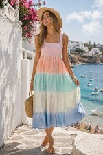 Oddi Pastel Tie Dye Tiered Sundress Medium Boho Festival Midi Dress Beach A3