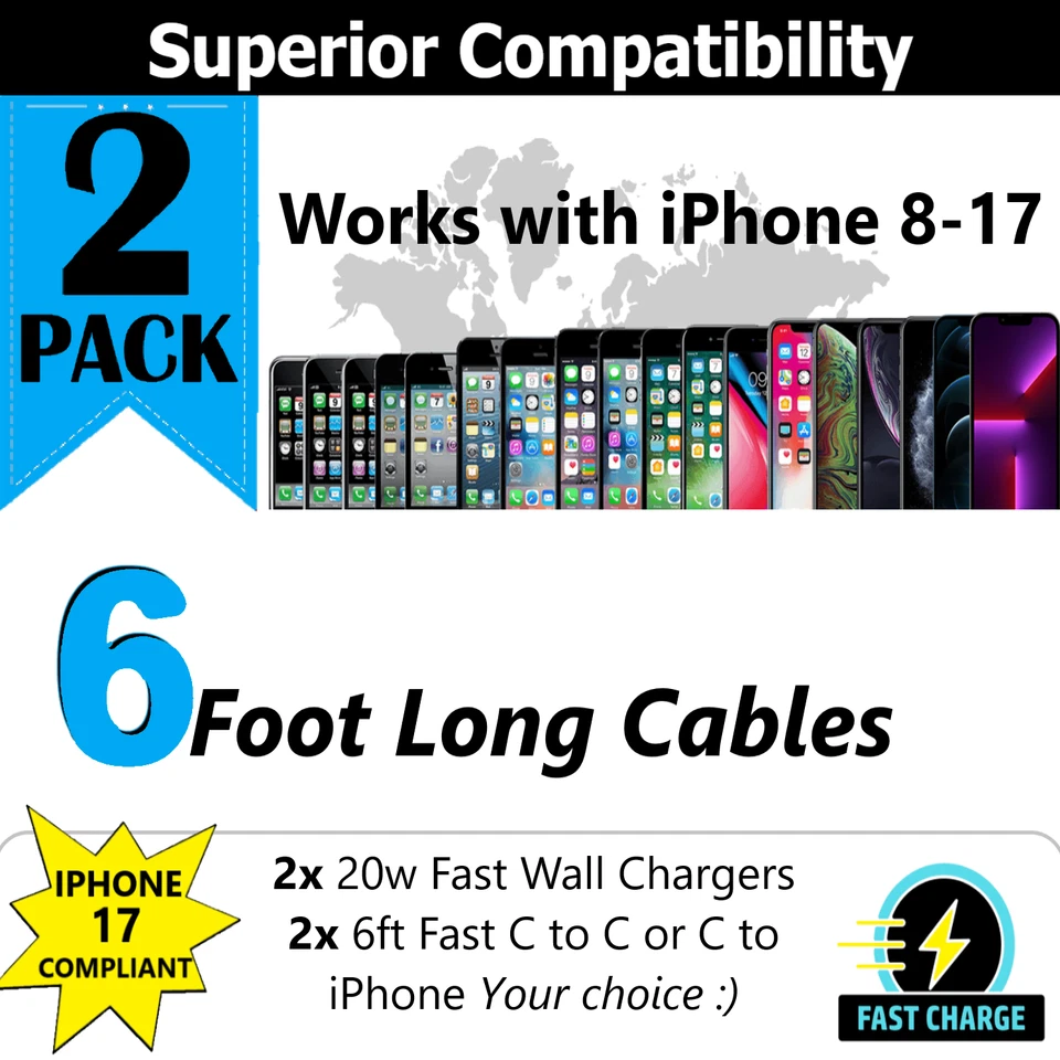 2 Pack Fast Wall Charger For iPhone 12 13 14 15 16 17 iPad X XR XS 8 7 6 Pro Max - Image 2 of 4