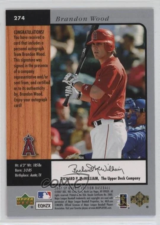 2007 SP Rookie Edition Auto Brandon Wood #274 Auto - Image 2 of 2
