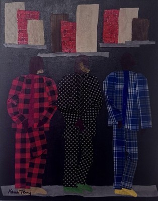 Original  Fabric Collage 3 Men   16 in W x 20 in T  African American Art