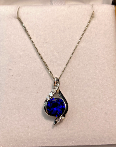 925 Sterling Silver Sapphire Pendant 925 Necklace 45cm Long Boxed - Picture 3 of 22
