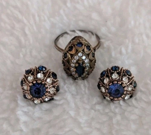 Vtg Set Sterling Silver Dome Earrings And Ring Size 6 Haram Faceted Crystal 14g