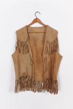 Vintage 70s Expressions Campus Suede Leather Vest Womens Medium Tan Fringe Boho