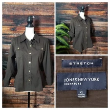 Jones New York Signature Blouse Size XL Ribbed Cotton Stretch Button Up Brown