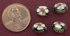 FOUR 9MM FLORAL OVAL BLACK CLOISONNE BEAD
