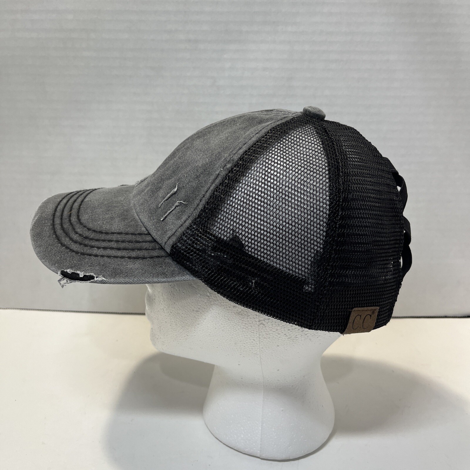 PONY Berretto donna denim lavato incrociato fascia elastica maglia coda di cavallo nero