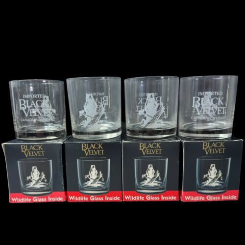 Lot Of 4 Black Velvet Wildlife Whiskey Glasses In Box W/ Etched Bears On It