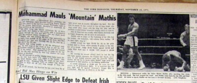 1971 newspaper MUHAMMAD ALI / Cassius Clay DEFEATS BUSTER MATHIS in BOXING FIGHT