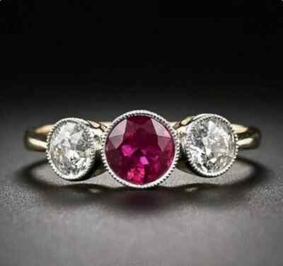 Lab Created Damenring drei Steine rosa Rubin Verlobung 14K Gelbgold vergoldet