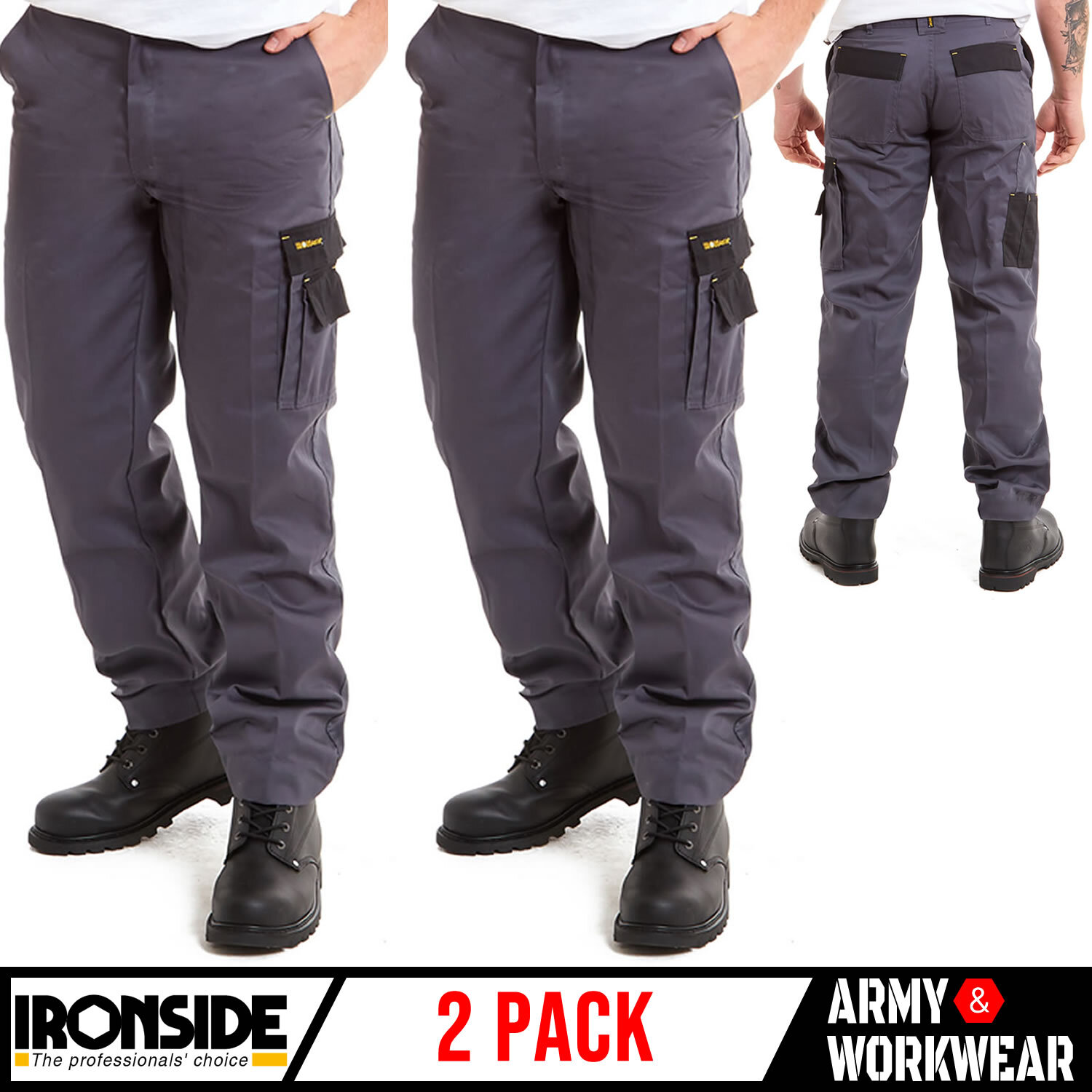 2 x Mens Work Trousers Durable Industrial Cargo Pocket Elasticated Grey/Black
