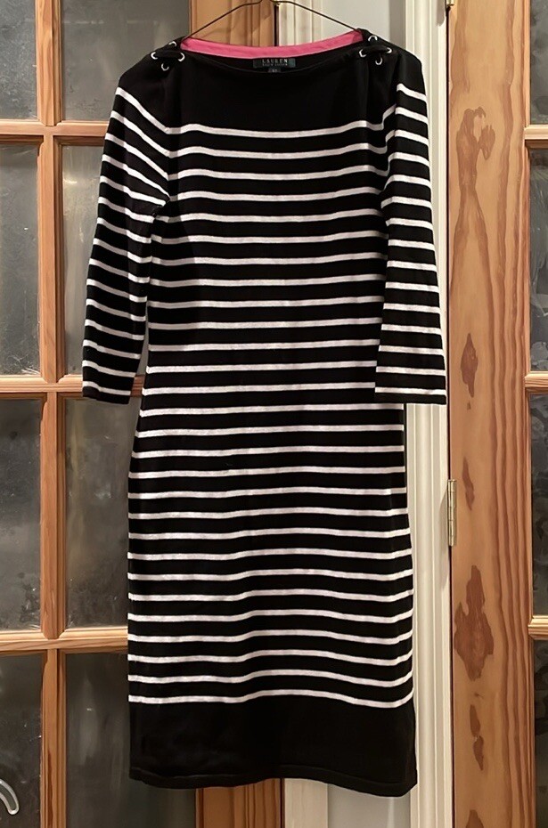 Ralph Lauren Women's 100% Cotton Black/White Midi Striped Dress Knitted Sz Small