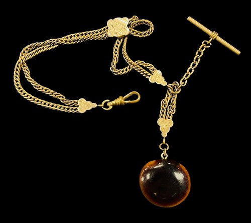 Antique Victorian 12K Yellow Gold Filled Watch Chain Kukui Nut Fob Necklace 13" - Picture 2 of 18