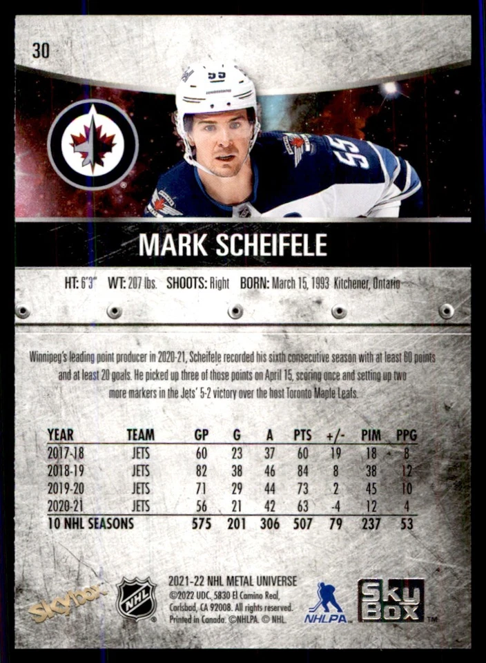 2021-22 Skybox Metal Universe Mark Scheifele Winnipeg Jets #30 - Image 2 of 2