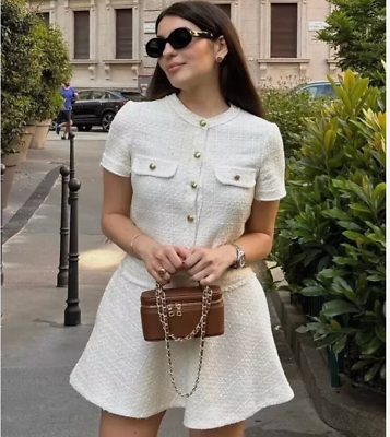 ZARA WOMAN SHORT TEXTURED TWEED DRESS ECRU WHITE 2875/447