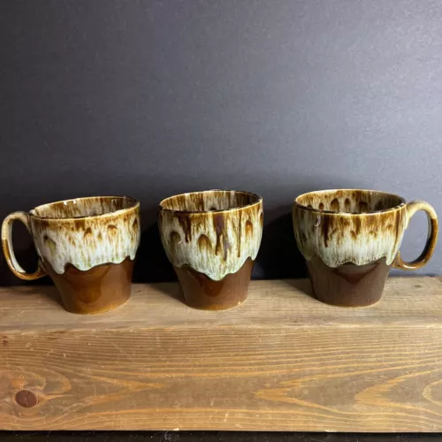 Vintage Canonsburg Pottery Brown Drip Glaze Coffee Mugs Cups Set of 3 USA