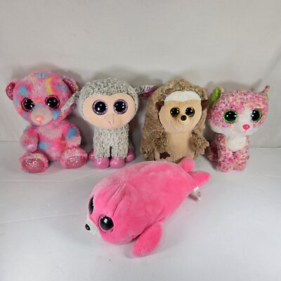TY Beanie Boo Buddies Glitter Eyes Lot of 5 Lamb Bear Seal Cat Hedgehog 9''-12''