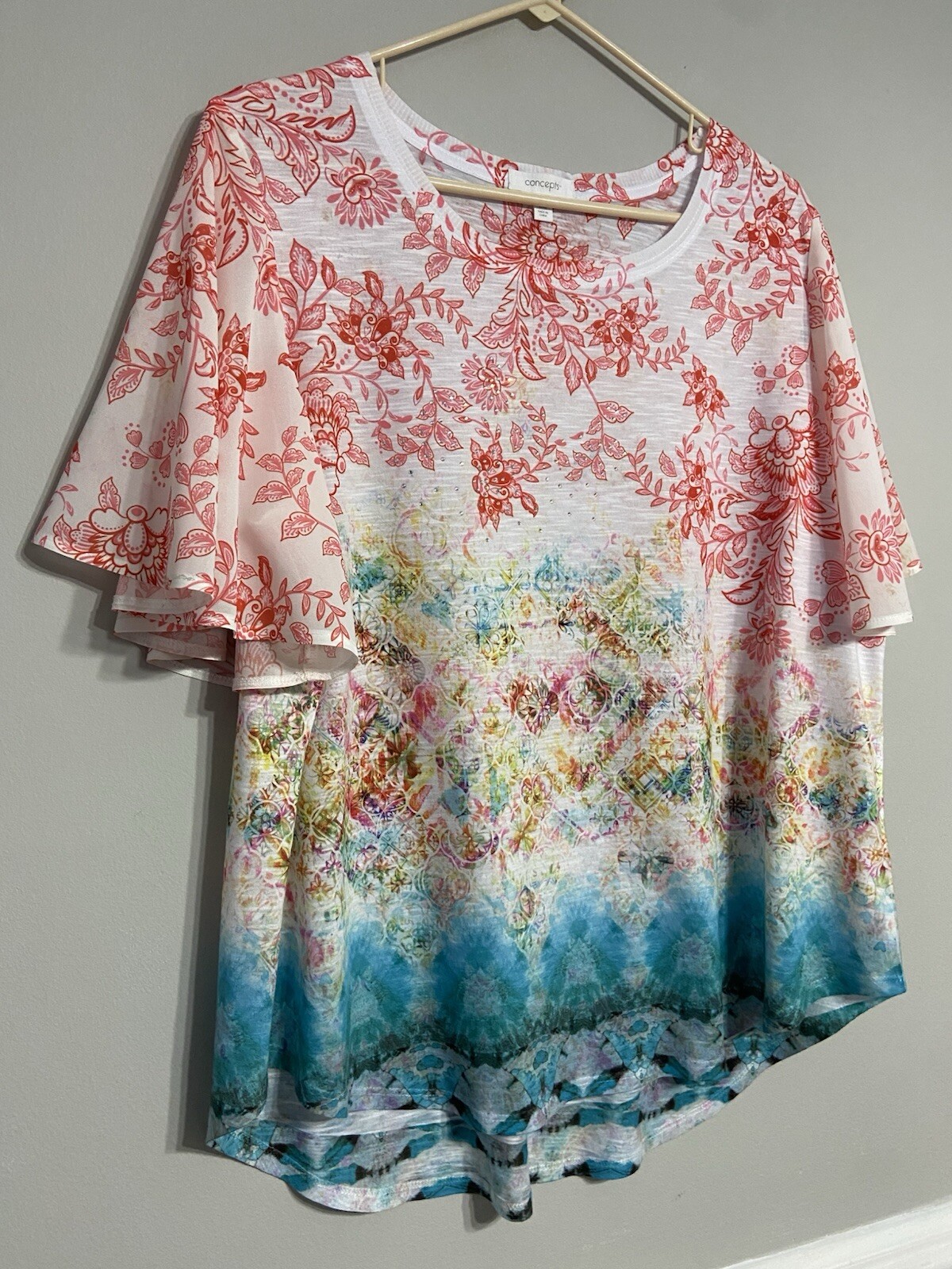 Multicolor Studded Floral Lightweight Blouse for Women XXL