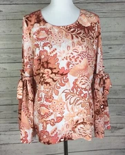LC Lauren Conrad Women Size L Blouse Top White Coral Damask Bow Tie Bell Sleeve