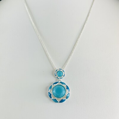 AVON Signed SAQ Aqua Blue Enamel Faux Turquoise Silver Tone Pendant Necklace 19''