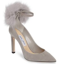 NIB $995+ Jimmy Choo South Genuine Fox Fur Pompom Pointy Pump Shoe Grey 39.5 - 9