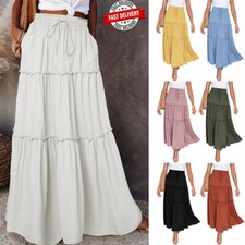 2024 Maxirock Glockenrock Stufen lang Vintage Boho Damen Falten Swing Rock