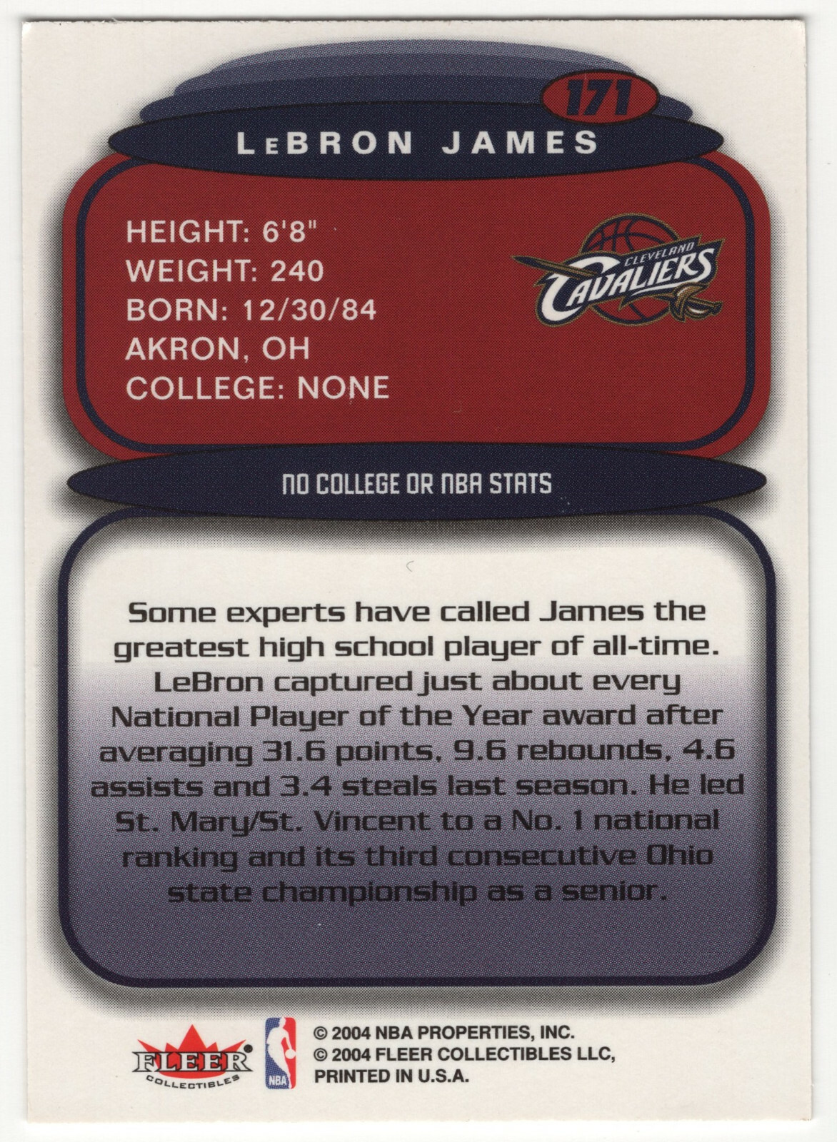 (500109) LEBRON JAMES 2003-04 FLEER ULTRA ROOKIE RC CARD #171 NEAR MINT ...