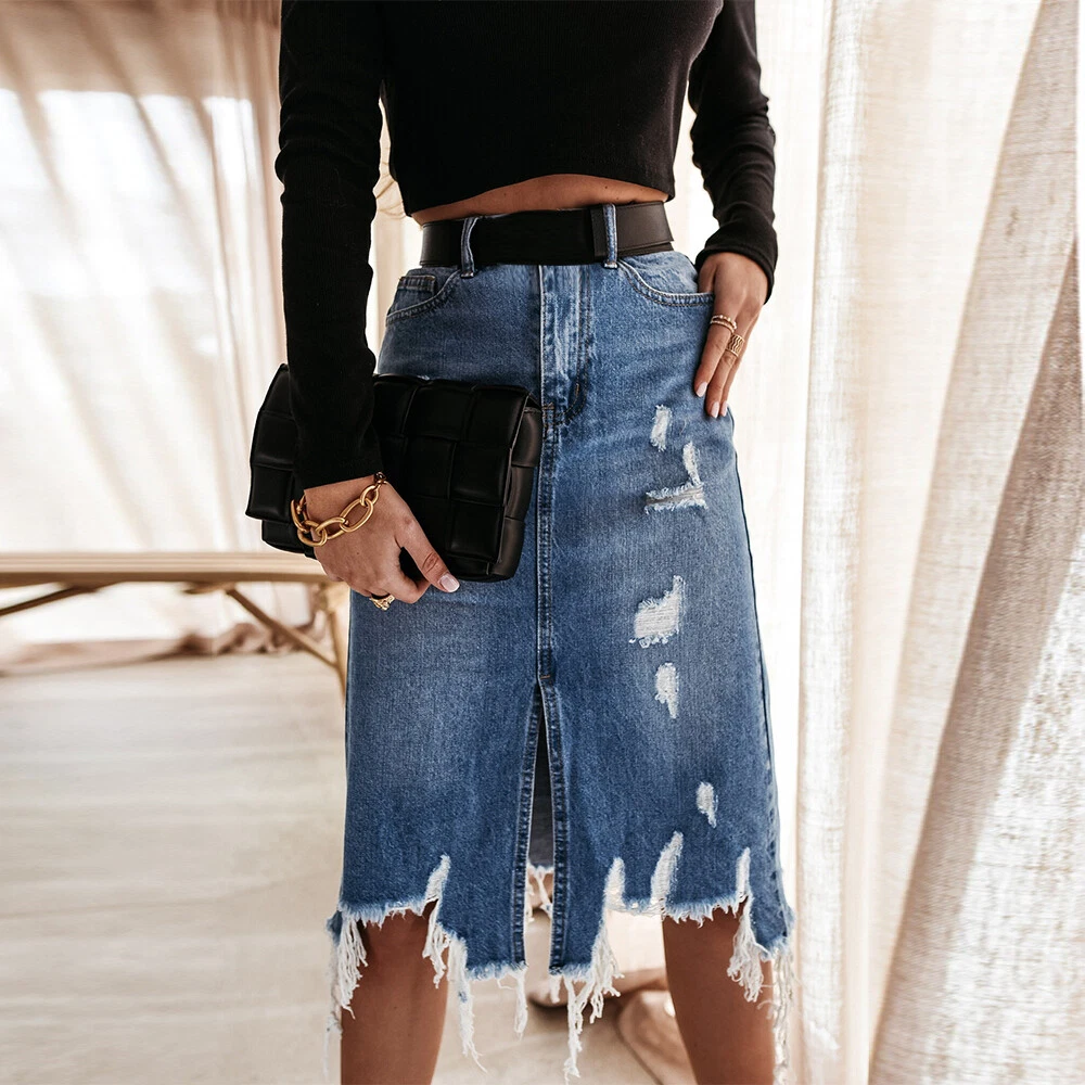 Ripped midi sale denim skirt