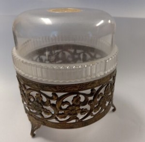 Vintage Jovan Mink and Pearls Powder box Metal Filigree stand Vanity 5”