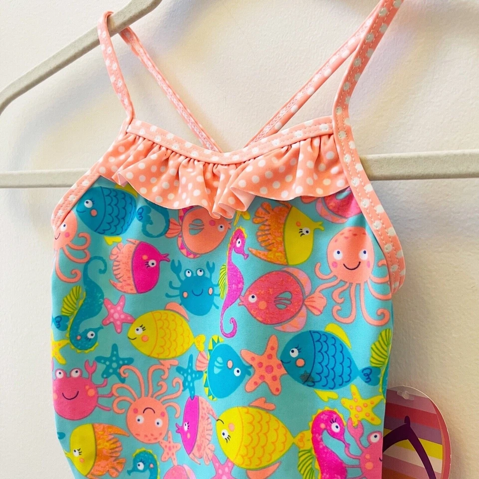 Tankini con Volantes Azul Rosa Pez 2 Piezas Niñas Pequeñas Talla 4 Nuevo con Etiquetas Foto 3 de 4