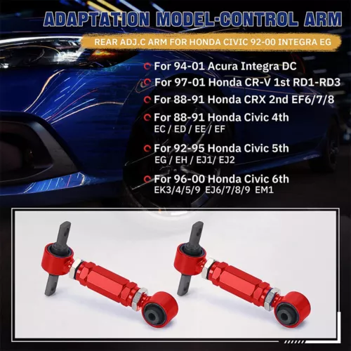 Front Upper Control Arms+Rear Camber Adjustable Kit For 96-00 Honda Civic EK Red - Picture 6 of 9