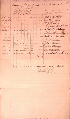 1896 Davis Gorman Co. Wages Paid Memo Ledger Sheet Names & Amounts