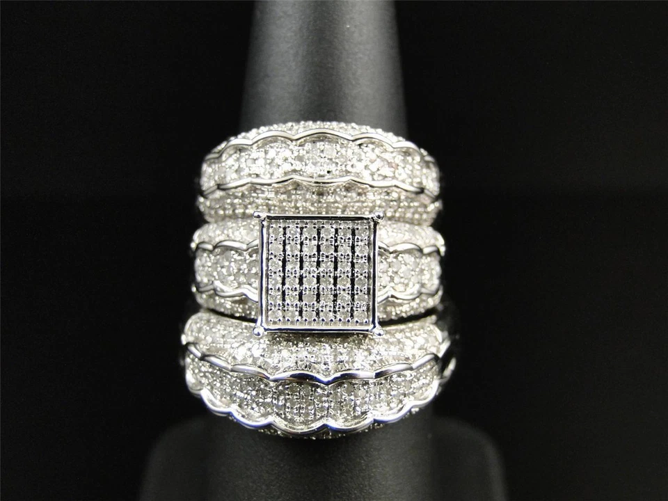 14K White Gold Plated Lab Created Diamond Wedding His & Her 3pcs Trio Ring Set - Image 3 of 3