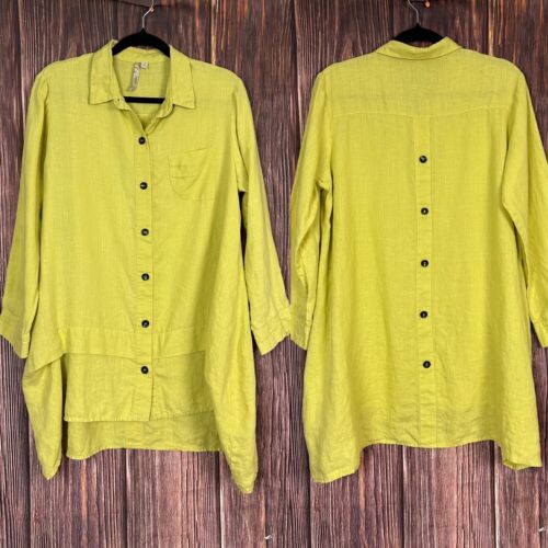 Comfy USA Yellow Button Down Blouse Quirky Lagenlook 100% Linen Womens Sz Small