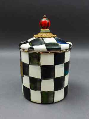 MACKENZIE-CHILDS Sterling Check Enamel Canister, Gray-and-White Kitchen Storage Container With Lid, Small