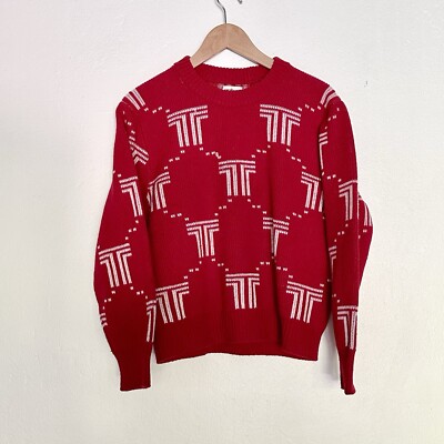 TORY BURCH Sport Red Merino Wool Crew Neck Net T Jacquard Sweater Size XS
