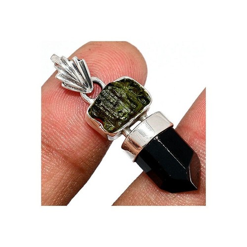 Moldavite Raw Black Tourmaline Crystal Point Silver Pendant - Picture 3 of 3