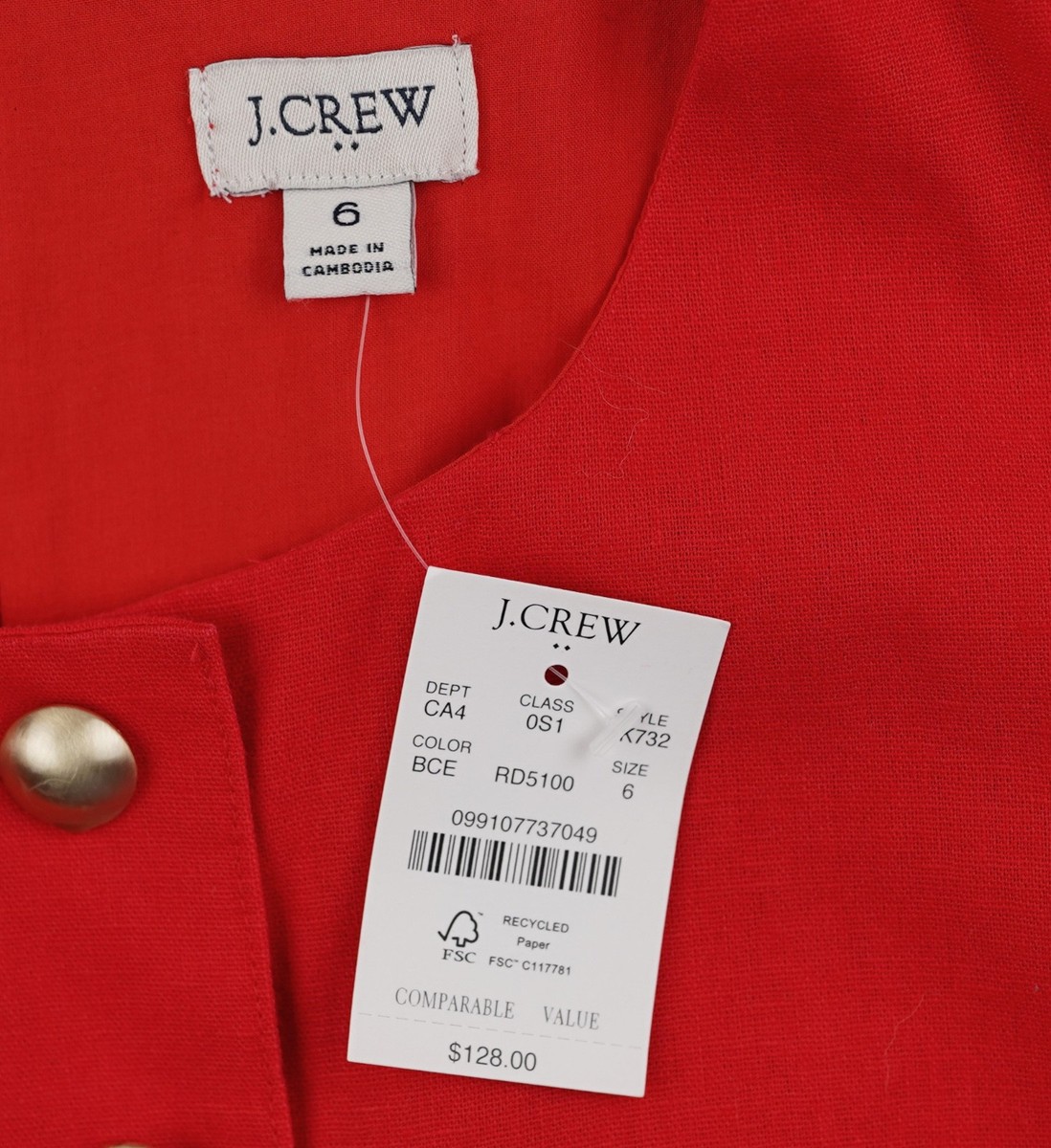 New JCREW Size 6 Linen-Blend Button-Front Mini Dress in Red $128