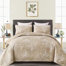 DJY Beige Quilt Set Full Size 3 Piece Branch Botanical Cream Beige 80''x90''