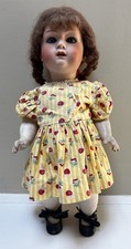 Vtg German Bisque Head Doll With Sleeping Blue Eyes Brown Mohair Dress