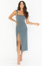 Show Me Your Mumu Size XL Eden Stretch Midi French Blue Square Neck High Slit