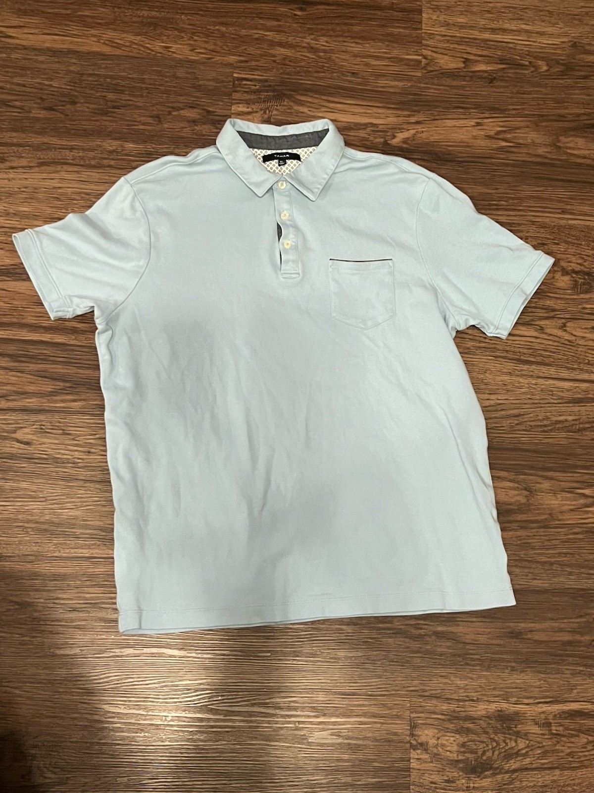 Tahari Men's Light Blue Solid Polo Shirt XL Short Sleeve Collared Button Logo