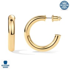 14K Gold Plated Chunky Open Hoop Earrings for Women - Trendy, Lightweight, 30mm