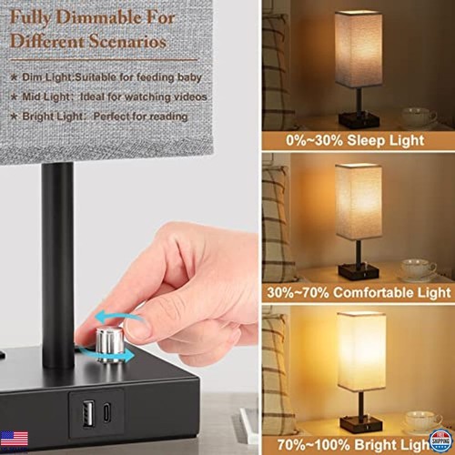 Gray Dimmable Nightstand Lamps Set of 2 - USB C+A Ports, 2 AC Outlets, Linen - Picture 4 of 6